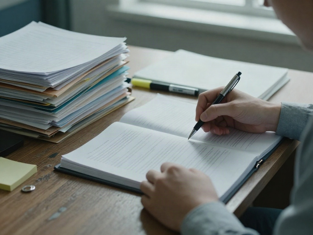 Руки молодого специалиста работают с папками документов на столе