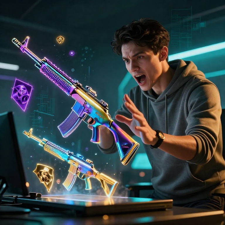 Молодой геймер рассматривает редкие скины Counter-Strike 2 с эффектами свечения, демонстрирующие уровни редкости — фиолетовый, синий и золотой