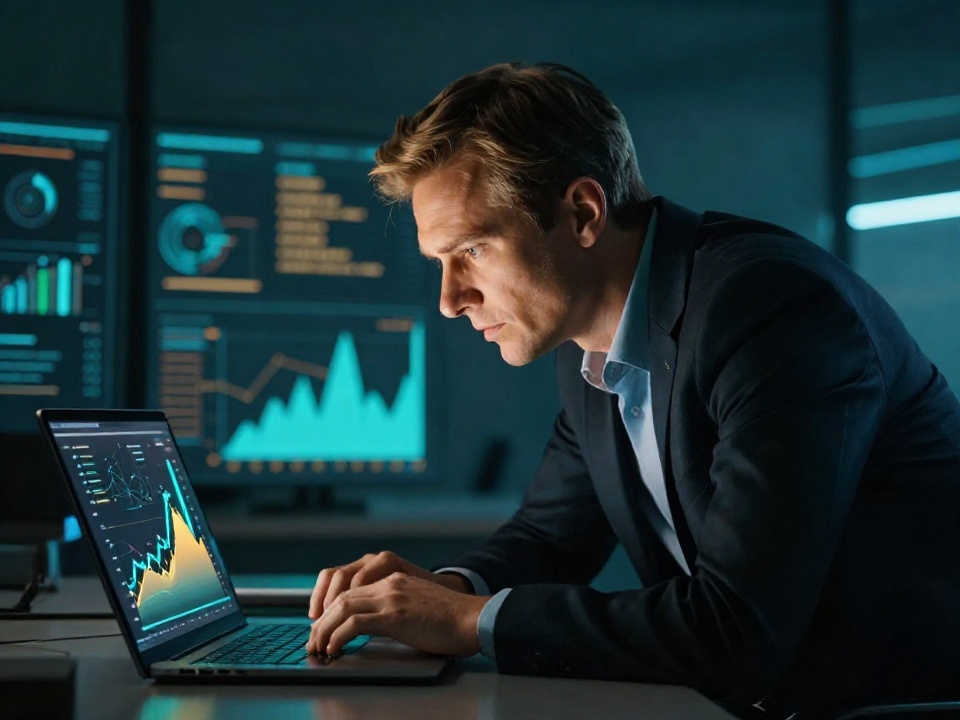 Специалист проводит конкурентный анализ SEO, изучая данные на ноутбуке в современной рабочей обстановке