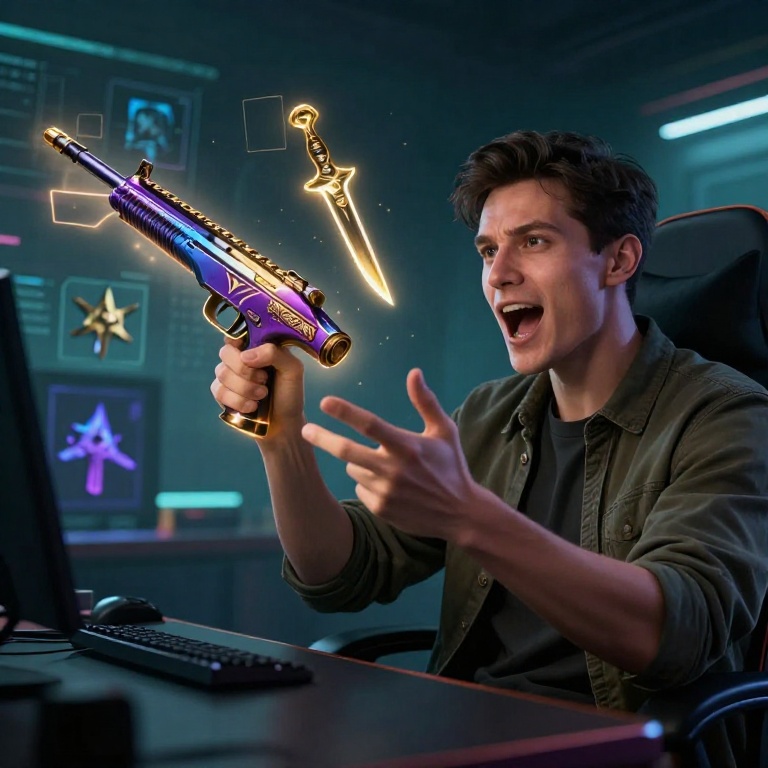 Геймер рассматривает редкие скины оружия Counter-Strike 2 с фиолетовым и золотым свечением редкости на современном игровом компьютере в темной комнате с неоновой подсветкой