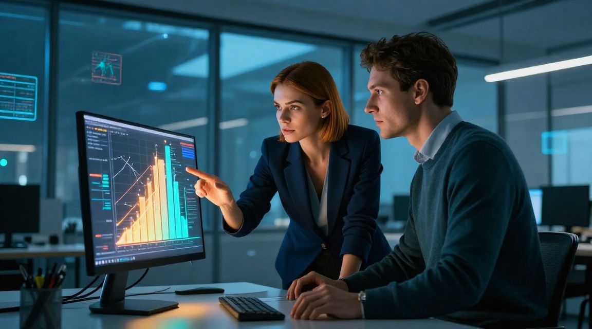 Два специалиста анализируют стратегию обхода конкурентов за современным рабочим столом с визуализацией данных