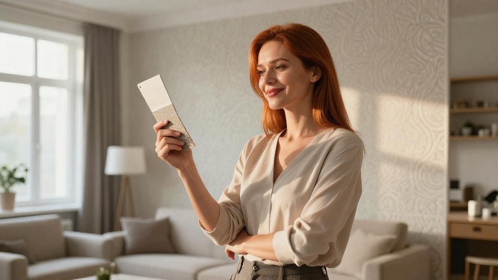 Женщина с довольным выражением лица на фоне виниловых обоев в современной квартире