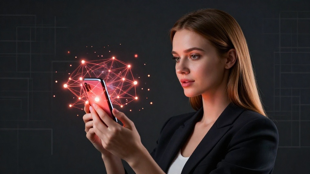 Привлекательная женщина со светлыми волосами смотрит в смартфон с абстрактным интерфейсом блокчейна TRON, символизирующим энергию и пропускную способность сети