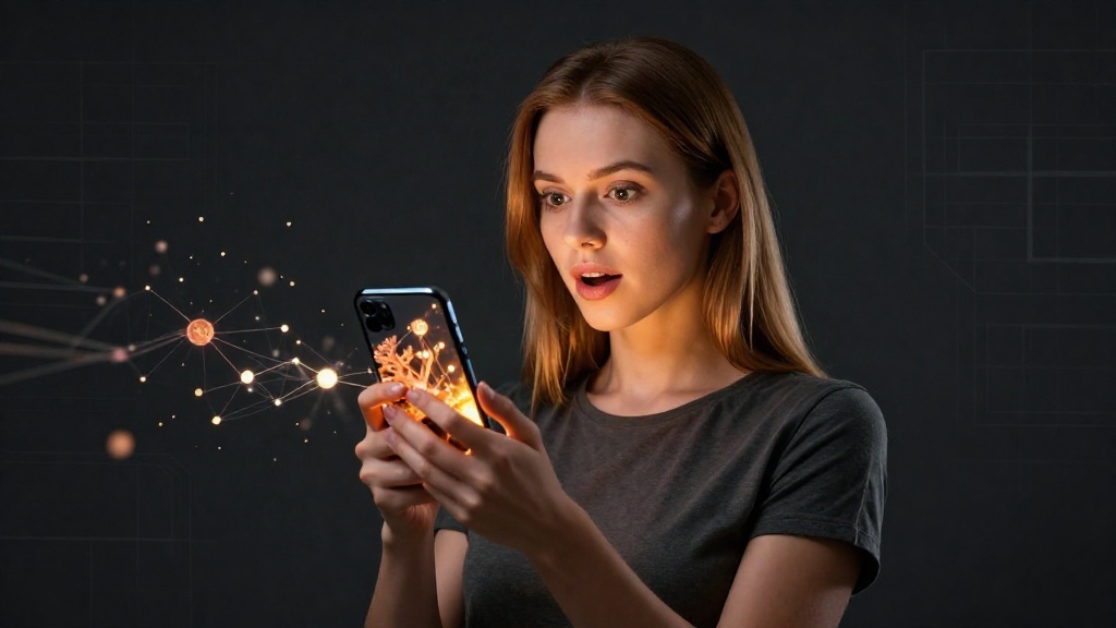 Молодая женщина анализирует разницу между energy и bandwidth в сети Tron на смартфоне с абстрактной визуализацией блокчейн-ресурсов