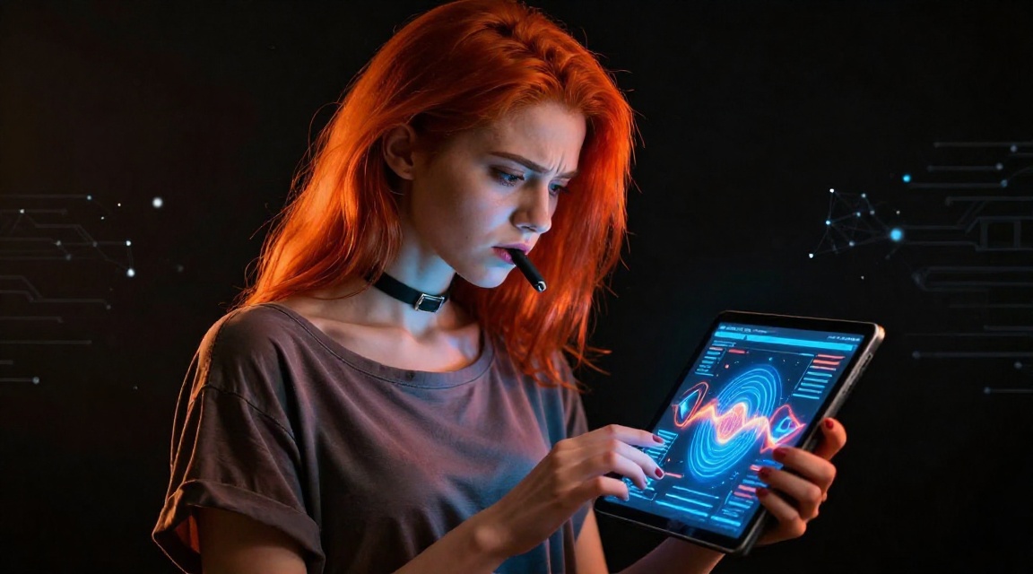 Девушка с рыжими волосами выбирает способ стейкинга TRON на планшете с интерфейсом криптовалютной сети