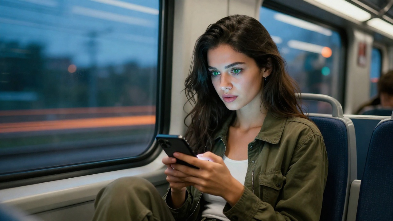 Молодой человек в поезде настраивает VPN через Telegram на смартфоне
