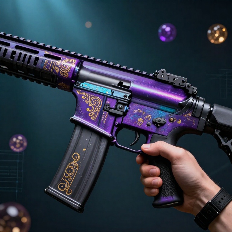 Макросъемка премиального скина оружия в Counter-Strike 2 с переливами редкости и металлическим блеском