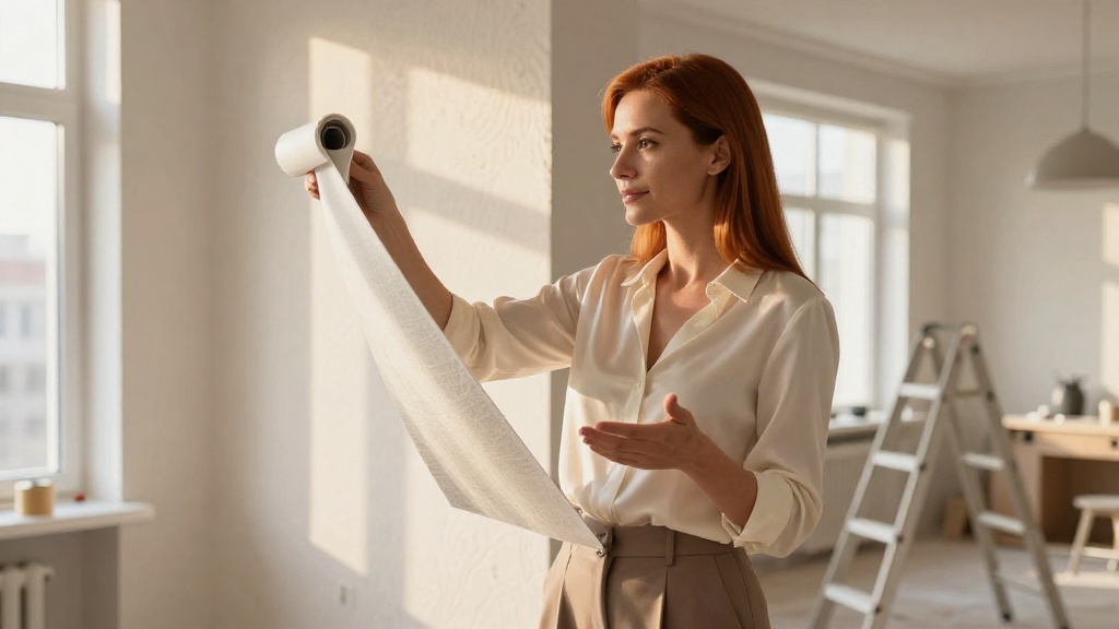 Женщина выбирает виниловые обои в светлой квартире во время ремонта