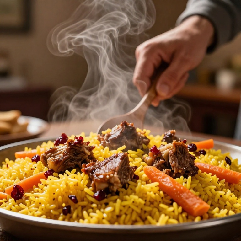 Аппетитный плов крупным планом с паром и золотистым рисом