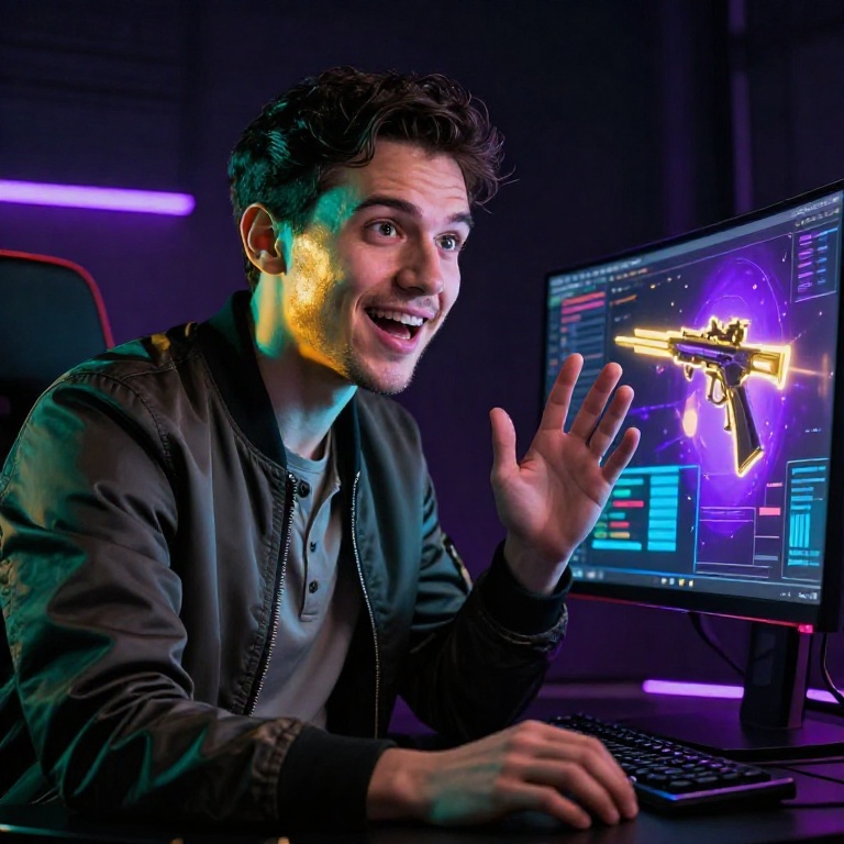 Молодой геймер рассматривает скины Counter-Strike 2 на мониторе в темной игровой комнате с RGB подсветкой