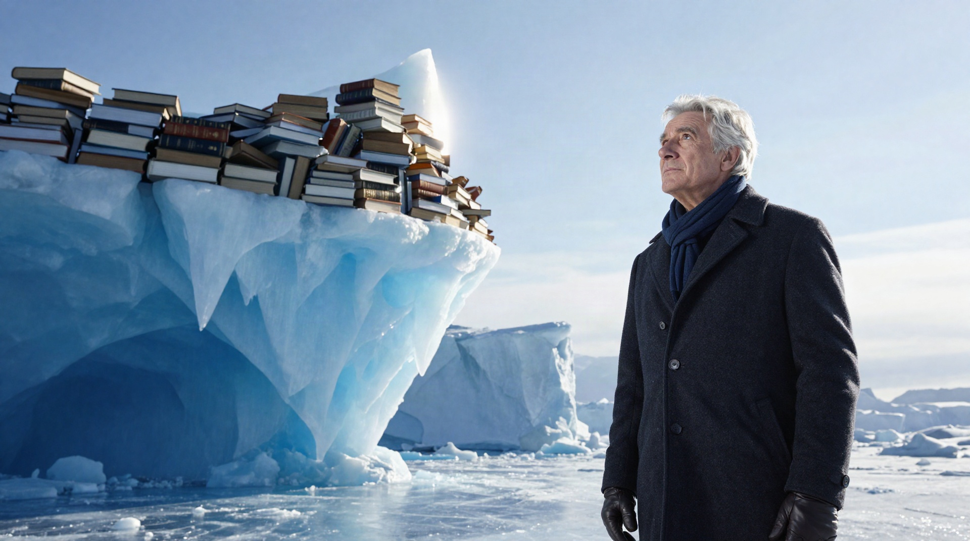Ученый стоит рядом с огромным айсбергом, состоящим из книг, символизирующим глубину и скрытую стоимость научного исследования.