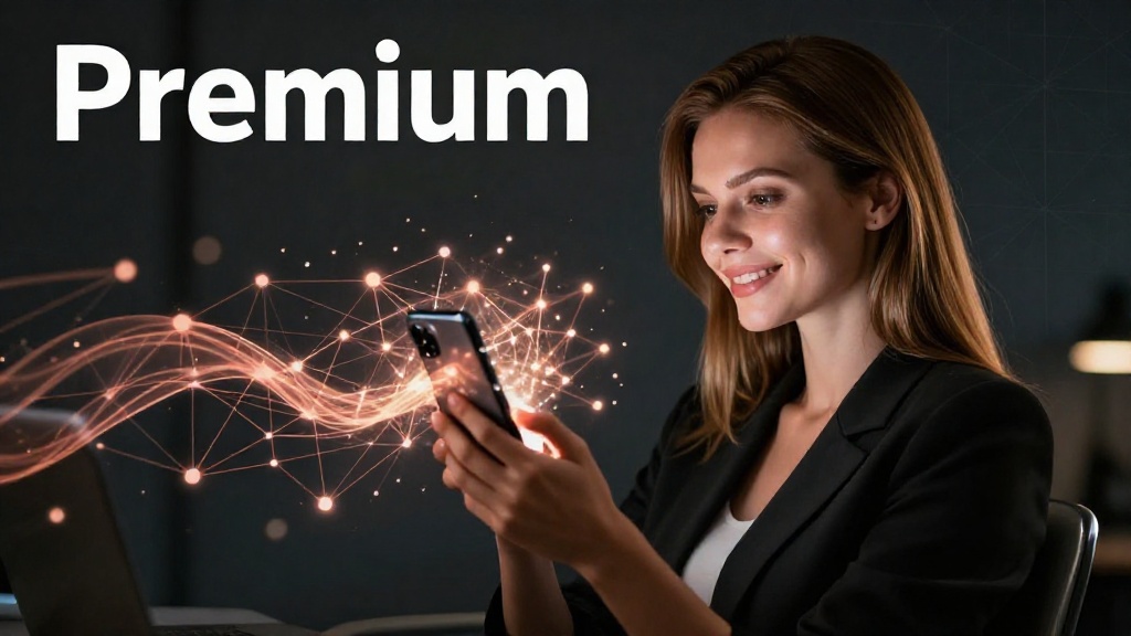 Уверенная женщина изучает разницу между energy и bandwidth в сети TRON на смартфоне с абстрактной визуализацией блокчейна