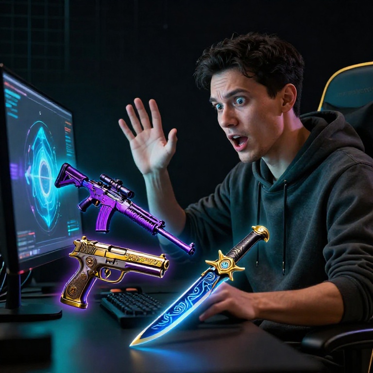 Геймер рассматривает редкие скины Counter-Strike 2 с эффектами редкости на игровом мониторе