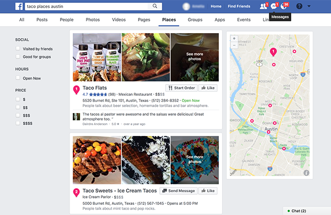 Facebook также включает в себя дополнительные фильтры, основанные на том, посещали ли ваши друзья какое-либо место, - привлекая социальные сети в поиск