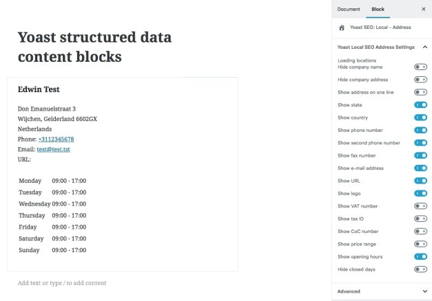 Наряду с этим выпуском Yoast's   Местное SEO   и   WooCommerce SEO   Плагины также добавили два новых структурированных блока данных Гутенберга: блок адреса и блок Google Maps