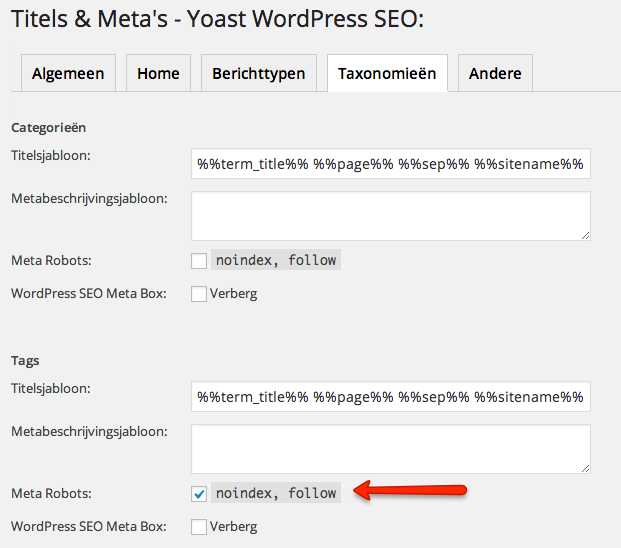 Te ostatnie można również sprawdzić za pomocą wtyczki SEO WordPress za pomocą „tytułów i metas” -> „taksonomii” pola „noindex” dla tagów