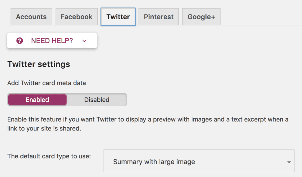 Вам також буде запропоновано додати до деяких додаткових налаштувань для Twitter: рекомендую вмикати мета-налаштування картки Twitter і вибирати тип картки за умовчанням для відображення резюме з великим зображенням для досягнення найкращих результатів