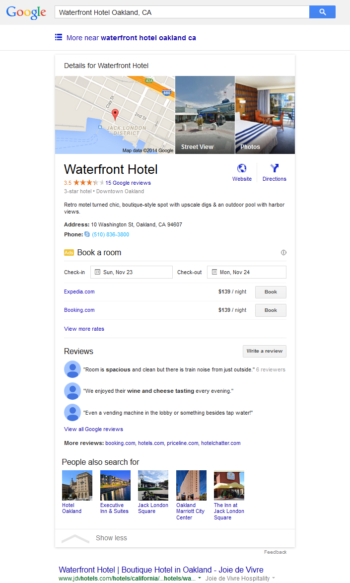 Когда человек нажимает на один из списков отелей, Google затем   вставляет встроенный список знаний для этого отеля   с резервированием партнерских ссылок, встроенных в результаты поиска, смещение органического результата, установленного ниже сгиба