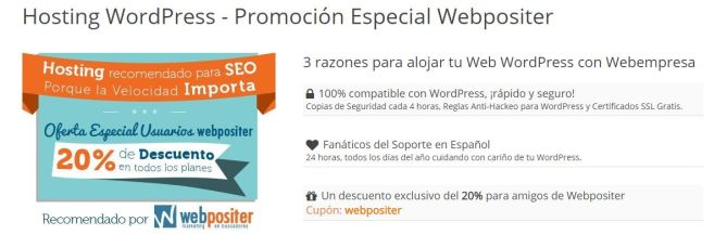 По этой причине мы не хотим, чтобы вы упустили возможность воспользоваться   Скидка 20% при заключении договора на хостинг вашего сайта в WordPress с Webempresa   , справочная компания по хостингу в Испании с круглосуточной поддержкой своих клиентов