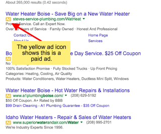 Oto zrzut ekranu z wyszukiwarki Google dla frazy „Podgrzewacz wody Boise”